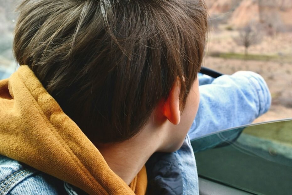 Menino observando uma paisagem de terreno acidentado pela janela do carro durante uma viagem