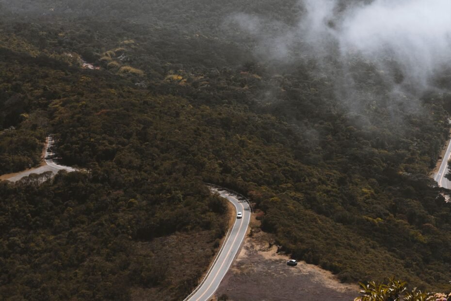 Vista aérea de uma estrada sinuosa cercada por vegetação densa em Minas Gerais, Brasil